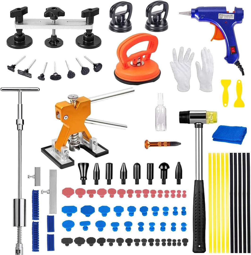 97pcs Dent Puller Kit, Car Dent Puller for Dent Repair, Car Dent Puller Kit with Golden Lifter, Slide Hammer T-Bar, Bridge Puller, Paintless Dent Removal Kit for Car Refrigerator Door Ding Repair