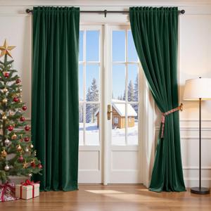 jinchan Emerald Green Velvet Christmas Curtain 84 Inch Long for Living Room Holiday Room Darkening Drapes Thermal Insulated Soft Luxury Curtain, 1 Panel Rod Pocket Festive Window Treatment