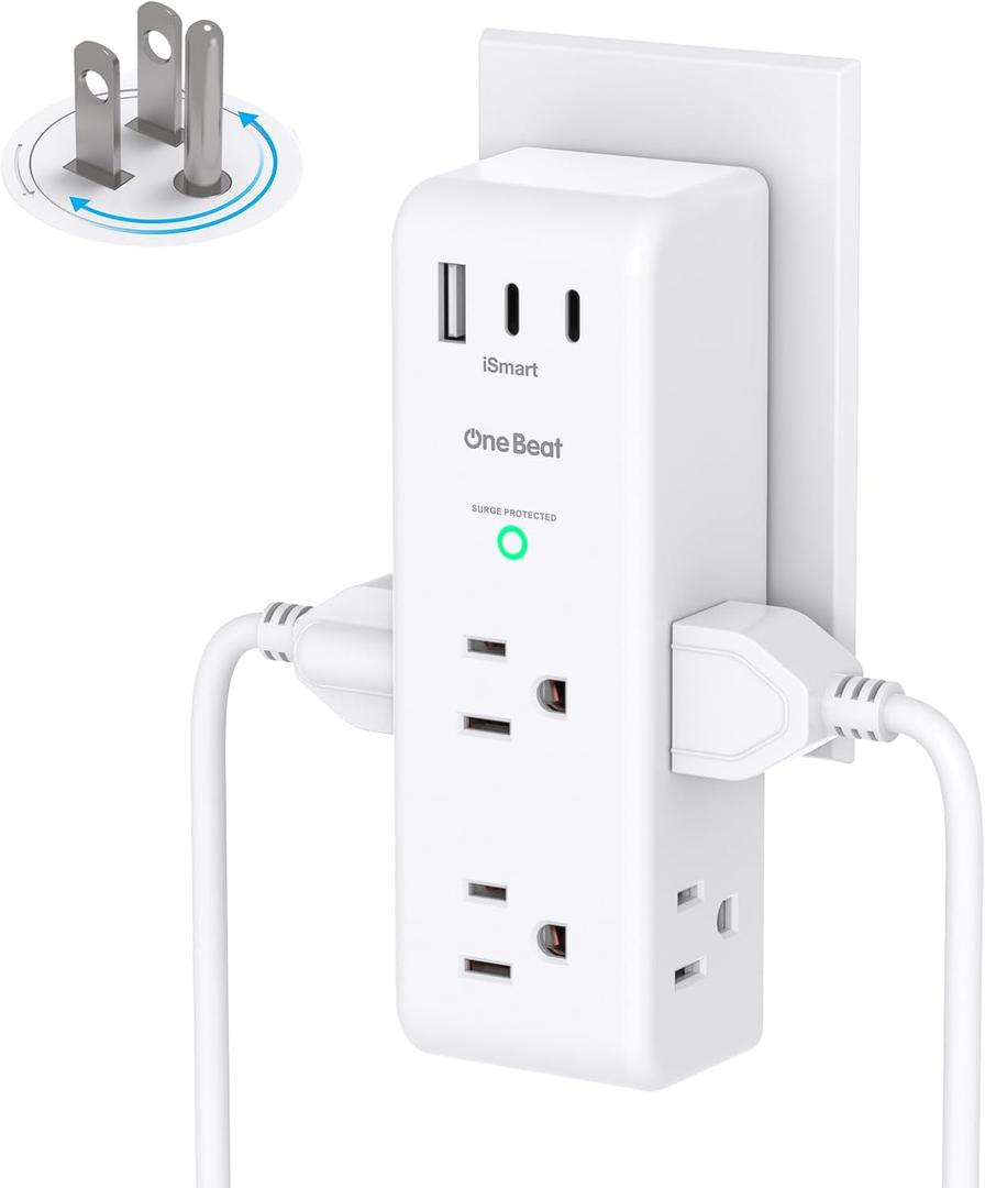 Surge Protector Outlet Extender with Rotating Plug, 6 AC Multi Plug Outlet with 3 USB Ports (2 USB C), 1800 Joules, 3-Sided Swivel Power Strip with Spaced Outlet Splitter for Home, Office, Dorm, White