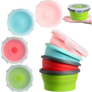 Suclain 4 Pcs Camping Bowl with Lid Collapsible Silicone Lunch Box Salad Bowl Expandable Food Storage Container Folding Travel Container for Hiking Camping(Red, Pink, Blue, Green,12 oz)