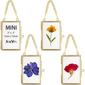 JUXYES Set of 4 Mini Wall Hanging Brass Frames for Pressed Flowers, Double Glass Hanging Picture Artwork Display Frame, Vertical Gold Floater Style Gallery Wall Frame for Photo Picture Poster etc, 3x2 Inches