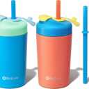 Fimibuke Kids & Toddlers Cups with Straw, 10oz Spill Proof Sippy Cups for Toddlers, Insulated Stainless Steel Kids Tumblers with Twist Lids & Silicone Straws with Stopper for Smoothie, 2 Pack (A1. Coral & Indigo)