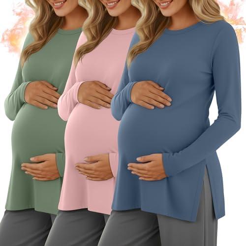 Riyiper 3 Pack Women's Maternity Shirts Split Side Crew Neck Pregnancy Lounge Tee Tops Long Sleeve Loose Fit Pajamas Clothes Large