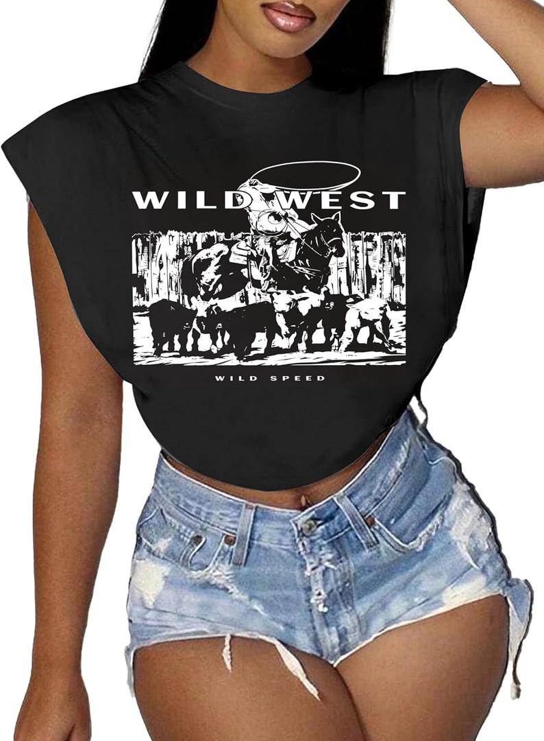 LovelyWholesale Women Cap Sleeve Tops Cropped Graphic Tees Sexy Summer T Shirts Black WW Small