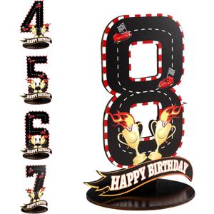 3 x Race Car Birthday Eighth Number Eight Sign, Wooden Race Car Theme 8th Centerpiece with Racing Track and Trophy Patterns Party Table Decoration for Birthday Party Topper Photo Props(Number 8)
