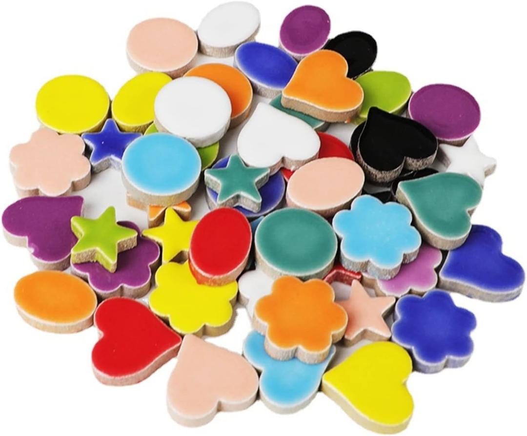 500g/1.1lb Random Color Irregular Ceramics Mosaic Tiles, DIY Making Creative Ceramic Mosaic Tiles for DIY Craft Plates Flowerpots Vases Cups Mosaic Making Supplies (Flowers+Round+Heart+Pentagram+Oval)
