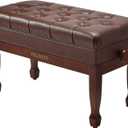Adjustable Duet Piano Bench with Storage, Heavy Duty Solid Wood Double Piano Stool Keyboard Bench Seat with PU Leather Padded Cushion (Wood)