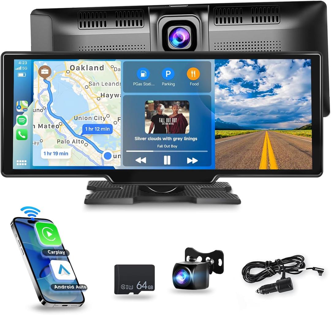 Wireless Carplay/Android Auto Portable Car Radio with 9.3" HD Touchscreen Dash Cam, Front/Rear View Camera Stereo Receiver Bluetooth FM Transmitter AUX TF Card