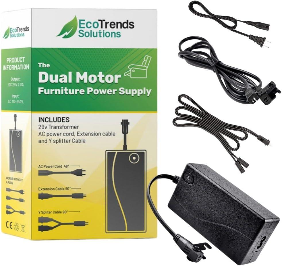 Power Recliner Dual Motor Power Supply, AC/DC Switching Power Supply Transformer 2-pin 29V,2A Adapter with AC Power Cord with Extra Long Extension Cord for Electric Power Recliner Lift Chair