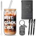 Reallnaive 6 Pcs Christmas Coach Gifts Bulk Set - Thank You Appreciation Gifts for Men Women Basketball Football Soccer Baseball Coach with Glass Cup, Leather Notebook, Pens, Keychain(Black)