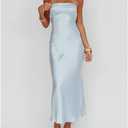Women's Summer Satin Strapless Tube Top Maxi Dress Elegant Silk Backless Halter Neck Formal Party Dresses Wedding Guest (Blue, S)