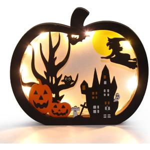 FOIMAS Halloween Wooden Table Sign,Light Up Pumpkin Table Centerpiece Topper for Halloween Table Top Party Decoration SupplyUPGRATED)