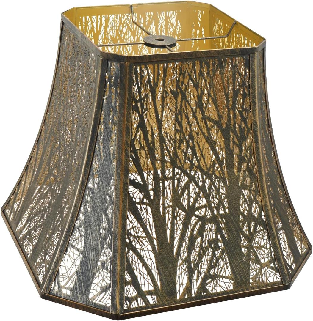 Metal Bell Lamp Shade, Large Lampshade (Spider Fitter) Square Cut Corner, Etched Forest Lamp Shades for Table Lamps and Floor Lamps, Bronze Gold Tree Pattern, 8" Top x 14" Bottom x 11" High