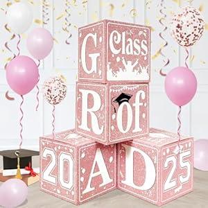 Pink Graduation Decorations Class of 2025 Graduation Boxes Pink White Congrats Grad Balloon Boxes for High School College Graduation Party Supplies (Pink White）
