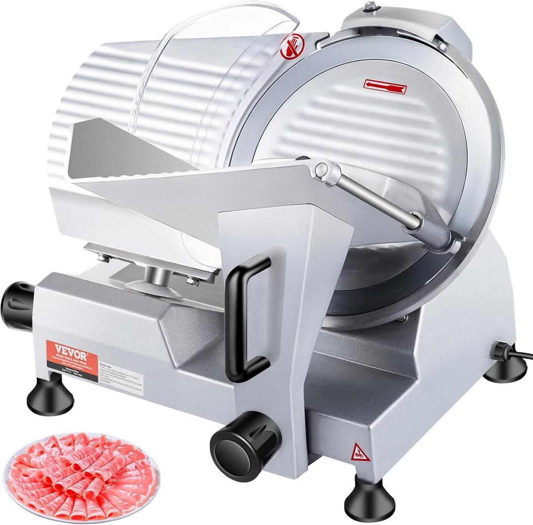 VEVOR Commercial Meat Slicer, 10 inch Electric Food Slicer, 240W Frozen Meat Deli Slicer, Premium Chromium-plated Steel Blade Semi-Auto Meat Slicer For Commercial and Home use (Silver)