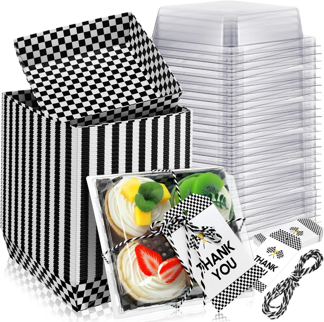 Tioncy 50 Sets Race Car Party Charcuterie Boxes with Ropes and Cards Black and White Checkered Disposable Paper Food Containers Dessert Boxes Race Car Party Supplies for Sandwich Cookie Snack
