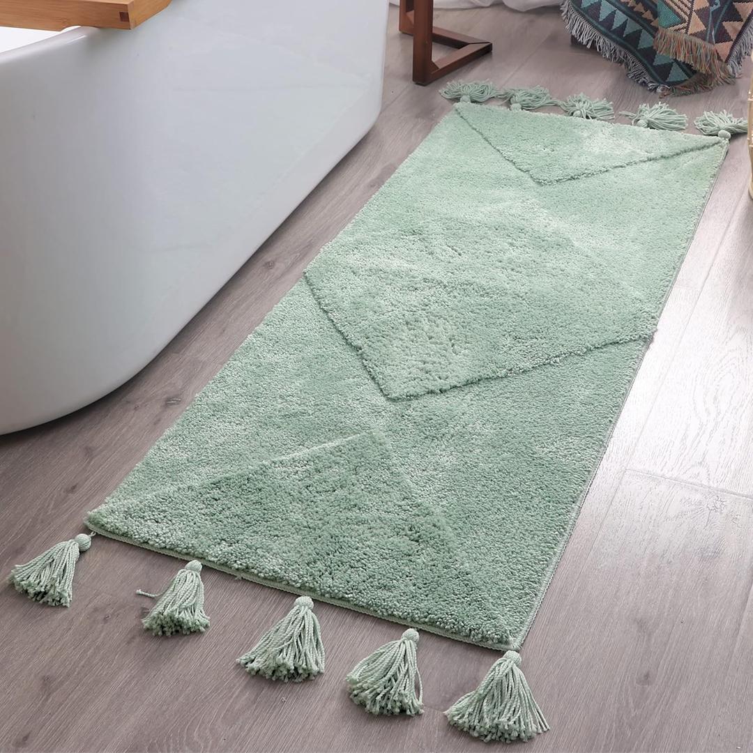 Mint Green Boho Runner Rug with Tassels Long Light Green Bath Mat Teal Bathroom Rugs Large Sage Green Bath Mats Bohemian Aqua Teal Runners Cute Earthy Bathroom Home Decor Dorm Room Non Slip 20x60