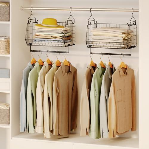 Yociyoga 2 Tier Closet Hanging Organizer with Rod, Foldable Hanging Closet Organizer, Hanging Closet Shelves with 4 Hooks,Wire Hanging Storage Basket Bins for Clothing Sweater Socks Bag Wardrobe Black