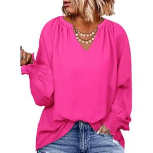 Eytino Women's Plus Size Tops Sexy V Neck Smocked Long Sleeve Casual Chiffon Blouse Flowy Work Shirts(1X-5X) (3X, Bright Pink)