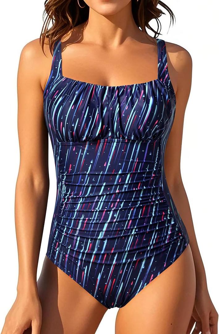 Aqua Eve One Piece Bathing Suit for Women Tummy Control Swimsuit Slimming Vintage Swimwear (Black, L)