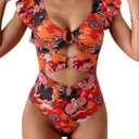 B2prity Women's One Piece Swimsuit Ruffle Sleeve Cut Out Bathing Suit Tie Back High Waisted Swim Suit (Medium, Red Print)