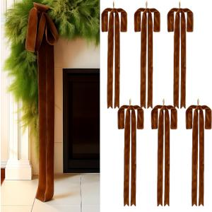Janinka 6 Pcs Light Brown Velvet Christmas Swag Bow 31.5 x 23.6 inch Large Neutral Christmas Ornament Vintage Rustic Velvet Staircase Wreath Bows Xmas Tree Topper Bows Large Bow for Outdoor