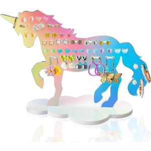 NiHome Iridescent Acrylic Unicorn Earring Organizer, Rainbow Color Unicorn Stand on White Cloud Base for Studs and Hooks, Decorative and Functional Jewelry Holder with 34 Holes & 13 Slots (Small)