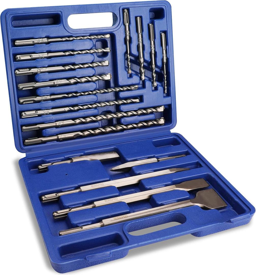 WORKPRO 17-Piece SDS-Plus Rotary Hammer Drill Bits and Chisel Set, Carbide-Tipped Masonry Drill Bits and Chisels for Concrete, Stone, Brick, with Storage Case