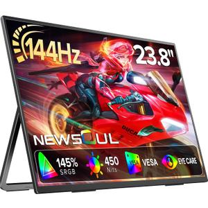 Newsoul 23.8'' Portable Monitor 144Hz Gaming Monitor, 145% sRGB | 2000:1 | FreeSync Built-in Adjustable Stand, Speaker and VESA, USB-C HDMI Large Second Screen for Laptop, Mac-Book, PC, Game Console