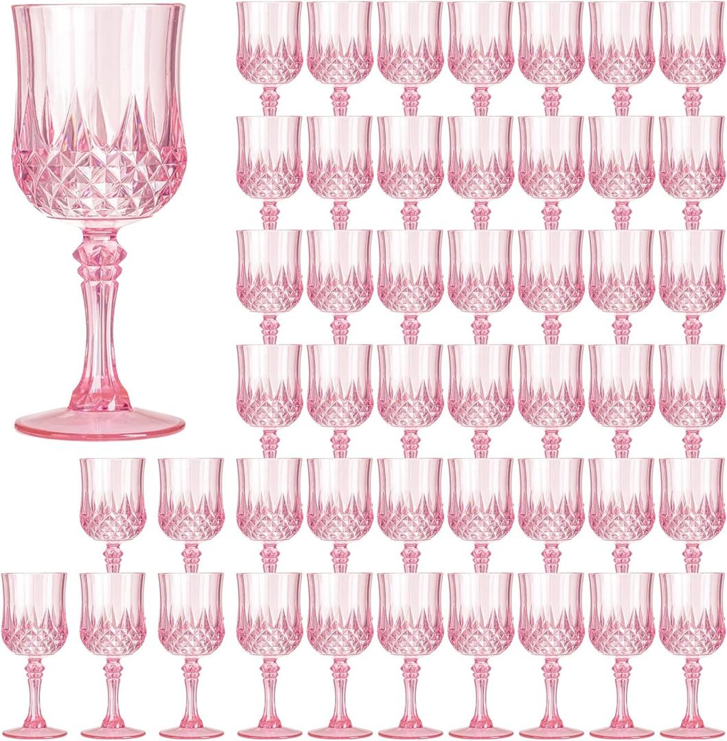 XKXKKE 48 Pcs Pink Plastic Wine Glasses, Plastic Water Goblets for Parties, Stemmed Drinking Glasses for Wedding Reception, Grand Event Party Bar Supplies Reusable Drinking Cups