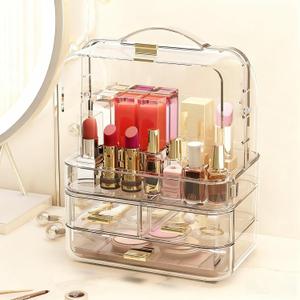 Makeup Storage Box Mesh, Makeup Organizer For Vanity, Cosmetic Display Cases With Transparent Cover, Drawers, Dustproof, Portable Handle, For Vanity, Dresser, Countertop (Transparent)