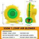 Air Blower for Inflatables, 950Watt 1.25HP Bounce House Bubble House Blower, Electric Fan Pump for Outdoor Inflatable Paint Booth Water Slide, Bouncy Castle, Jumper, Corded