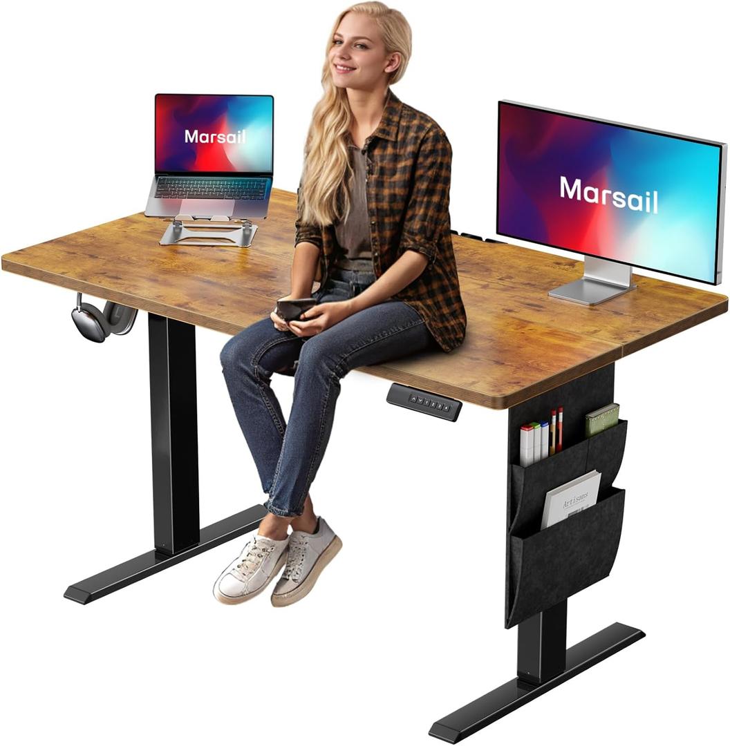 Marsail Standing Desk Adjustable Height Home Office Desk,48x24 Inch Electric Standing Desk, Stand up Desk with Storage Bag,Headphone Hook for Computer Workstations Desk 4 Memory Preset (Rustic Brown)