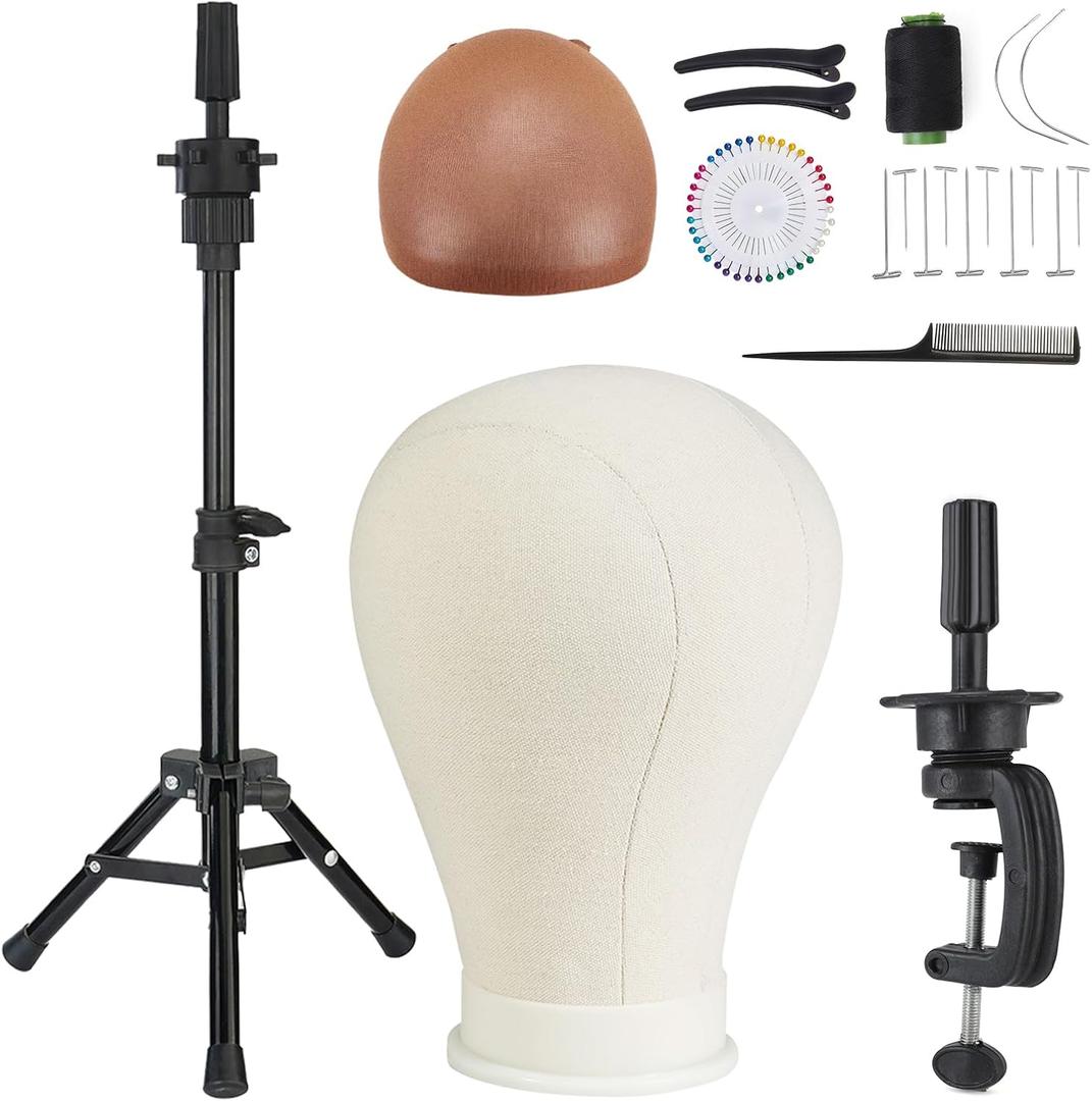 AIMEI 23 Inch Wig Head Wig Stand with Head - Stand With Canvas Mannequin for Making and Display - Includes Caps, T Pins, Hair Comb, and Clips