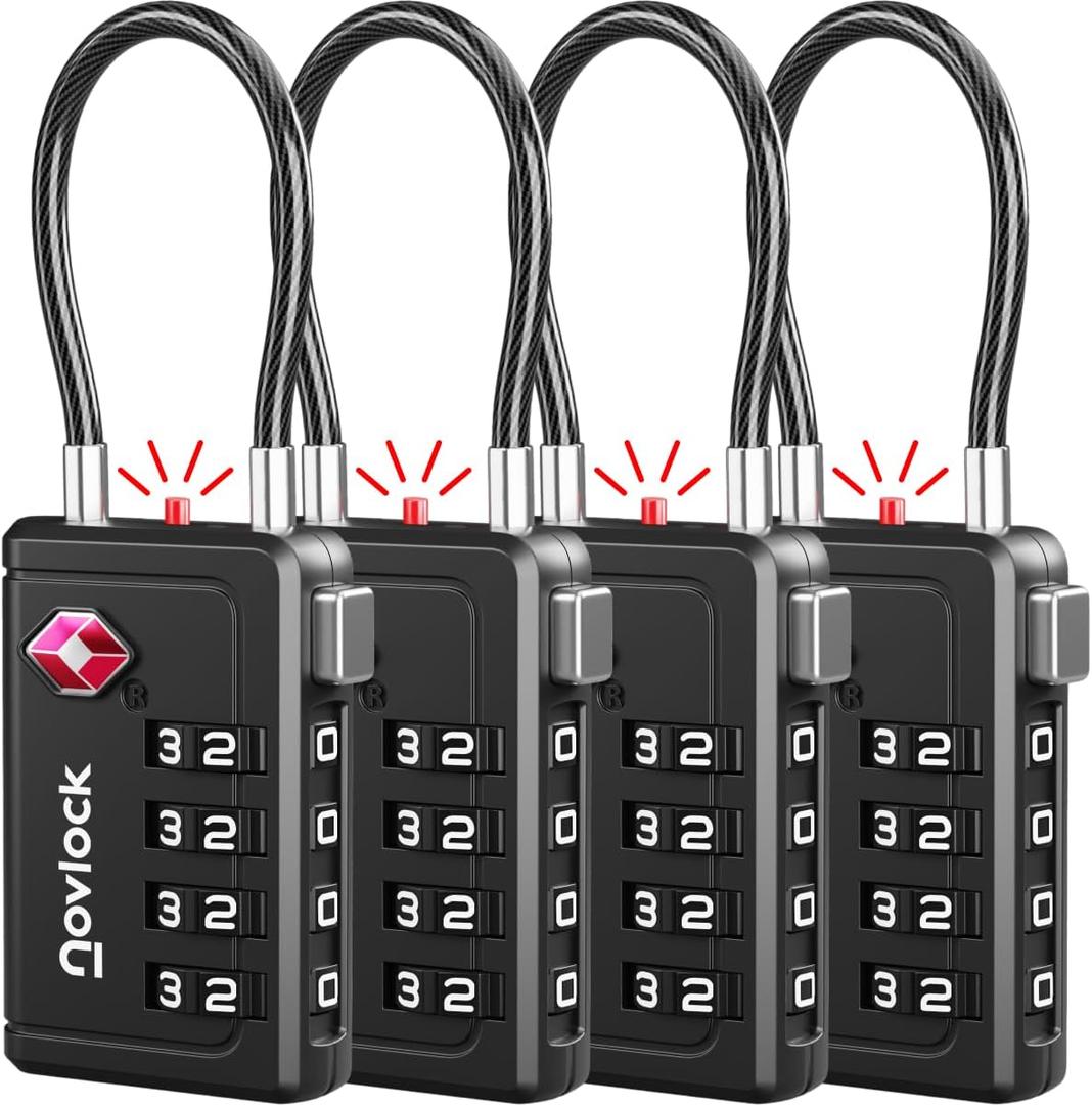 TSA Approved Luggage Locks | Inspection Indicator, 4-Digit Combination, Durable Zinc Alloy | for Suitcases, Backpacks, Travel Bags | Black, 4-Pack
