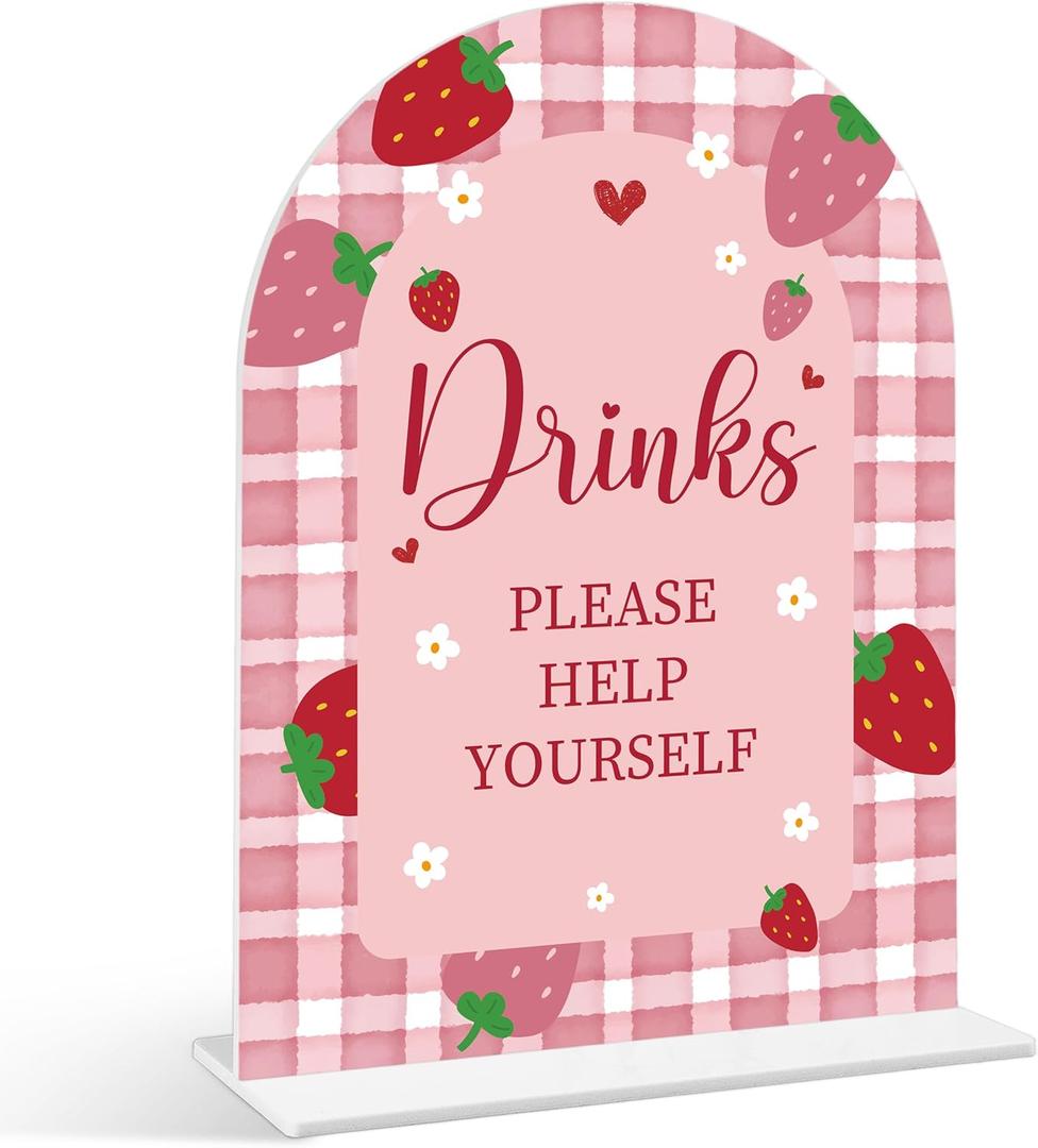 Drinks Please Help Yourself Sign - Strawberry Baby Shower Sign, 1 Pack Arch Acrylic Sign with Stand, Gender Reveal Party Table Decor, Berry Baby Shower Supplies (SE24)