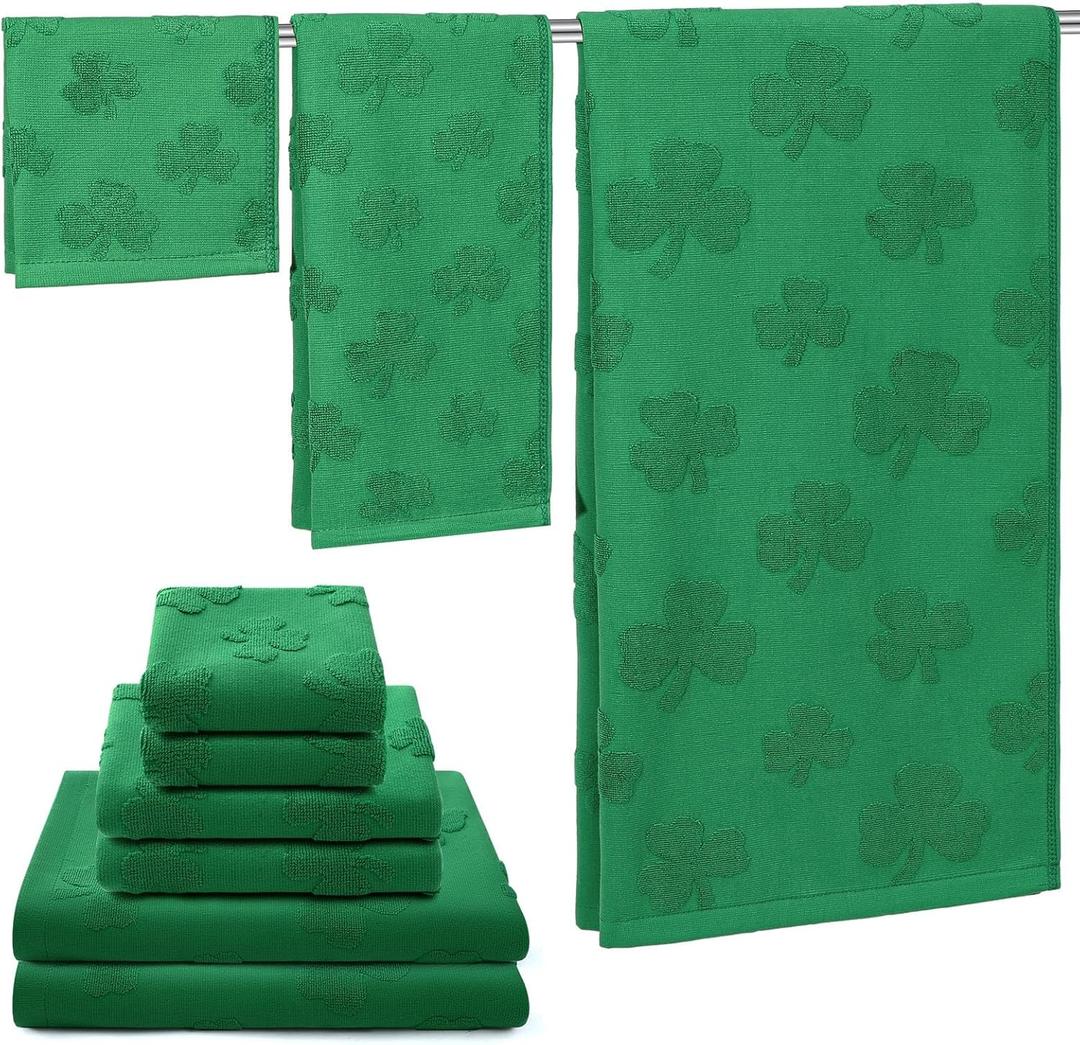 Peryiter 3 Pack Cotton St. Patrick's Day Bath Towels Set Green Clover Towels for Bathroom, Soft and Absorbent, Contains 1 Bath Cloth and 2 Washcloths