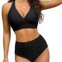 GVAOO Women's High Waisted Bikini Set Large Bust Supportive Crossover Back V-Neck Two-Piece Swimsuit Bathing Suits (Medium)