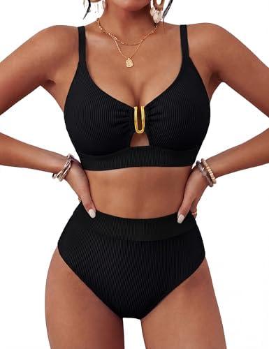 BMJL Womens High Waisted Bikini Sets Ribbed Two Piece Swimsuit V Neck Cutout Lace Up Back Bathing Suit 2026 Summer, M