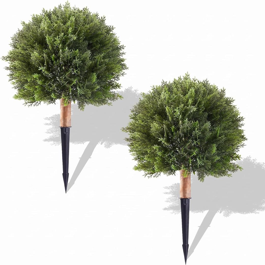 24.8" Artificial Cedar Topiary Ball Trees Set, 2 Pack Faux Cypress Plants UV Resistant Pine Shrubs Fake Bushes for Outdoor Indoor Front Porch Garden