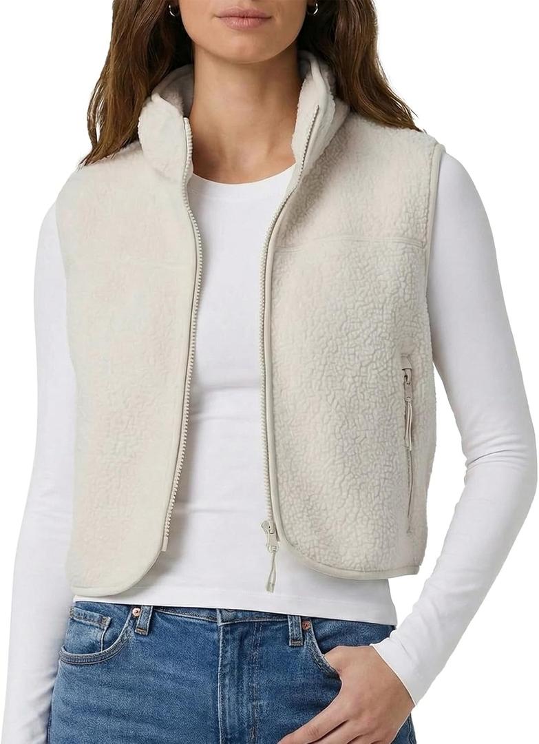 Cropped Fleece Vest Women Zip Up Stand Collar Warm Sherpa Vest Fall Cute Sleeveless Fleece Waistcoat with Pocket (Large, Beige)