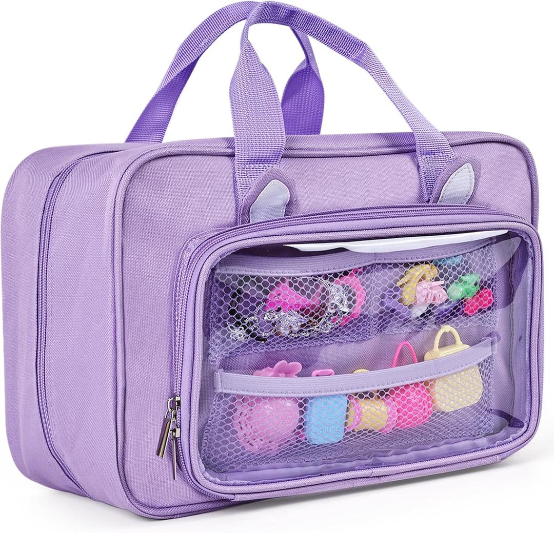 Carrying Case Compatible with Barbie Dolls 12-inch, Multiple Pockets for Dolls Clothes Accessories, Storage Organizer Bag with Handle Holds 6 or 12 Small Dolls, Bag Only (Purple), 13x5x8 inches