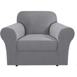 H.VERSAILTEX Stretch Armchair Covers Slipcover 2 Piece Chair Covers for Living Room Furniture Cover Suit for T Cushion/Box Cushion, Spandex Jacquard Fabric Small Checks(Armchair-Standard, Dove)