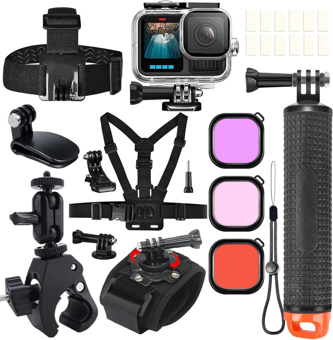 Accessories Kit for Gopro Hero 13 12 11 10 9, Waterproof Housing Case Floating Chest Grip Head Strap Wrist Strap Super Clamp Handlebar Mount Diving Filters Anti-Fog Inserts