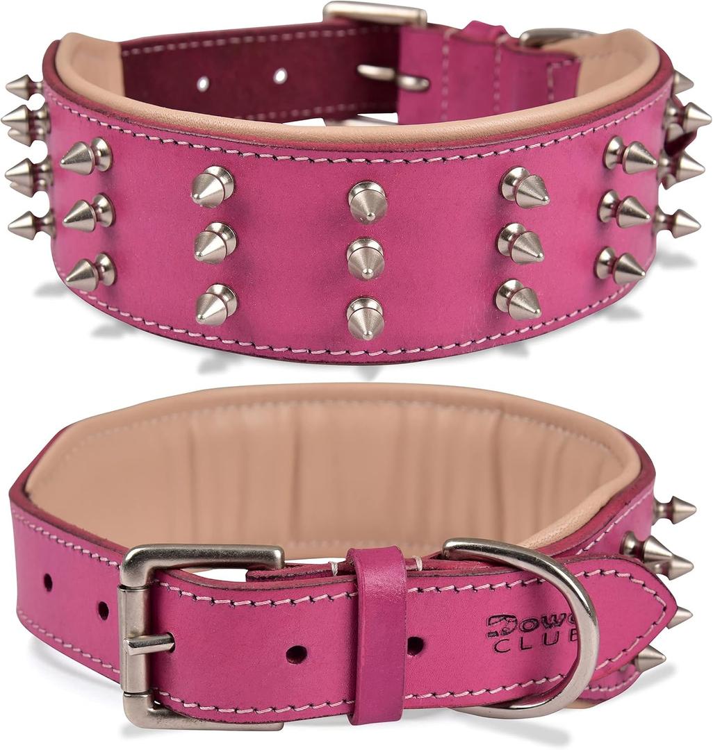Spiked Leather Dog Collar 2" Wide Full Grain Bridle Leather, Heavy Duty, Padded & Adjustable - for Large Breeds (L (Fit Neck 18.5"-22.5"), Pink with Silver Spikes)