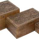 Deco 79 Mango Wood Floral Handmade Decorative Box Decorative Keepsake Boxes with Hinged Lid, Set of 3 Storage Boxes 8", 10", 12"W, Brown