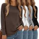 4 Pack Women' Long Sleeve Shirts Tops Casual Loose Fit Crew Neck Basic Tee Fashionable Workout Layer Fall Outfit (Large, Black, White, Gray, Brown)
