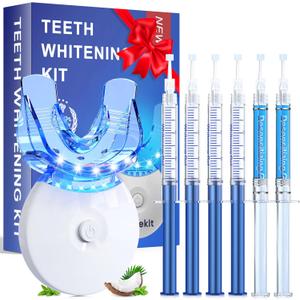 Teeth Whitening Kit with LED Light,Teeth Whitening 4 Whitening Gels & 2 Desensitizing Gels 35% Carbamide Peroxide, Helps Remove Surface Stains from Coffee, Food, Portable Oral Care Set for Fast Result (Blue)