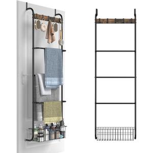 Over The Door Towel Rack,5-Tier Over Door Towel Racks for Bathroom,Towel Rack with Hooks and Basket Door Hanging,Blanket Ladder for Living Room Black