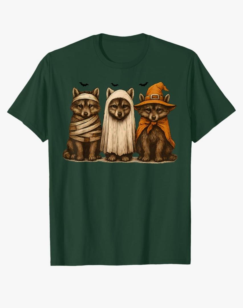 Retro Wolf Halloween Ghost Spooky Fall Vintage T-Shirt, M